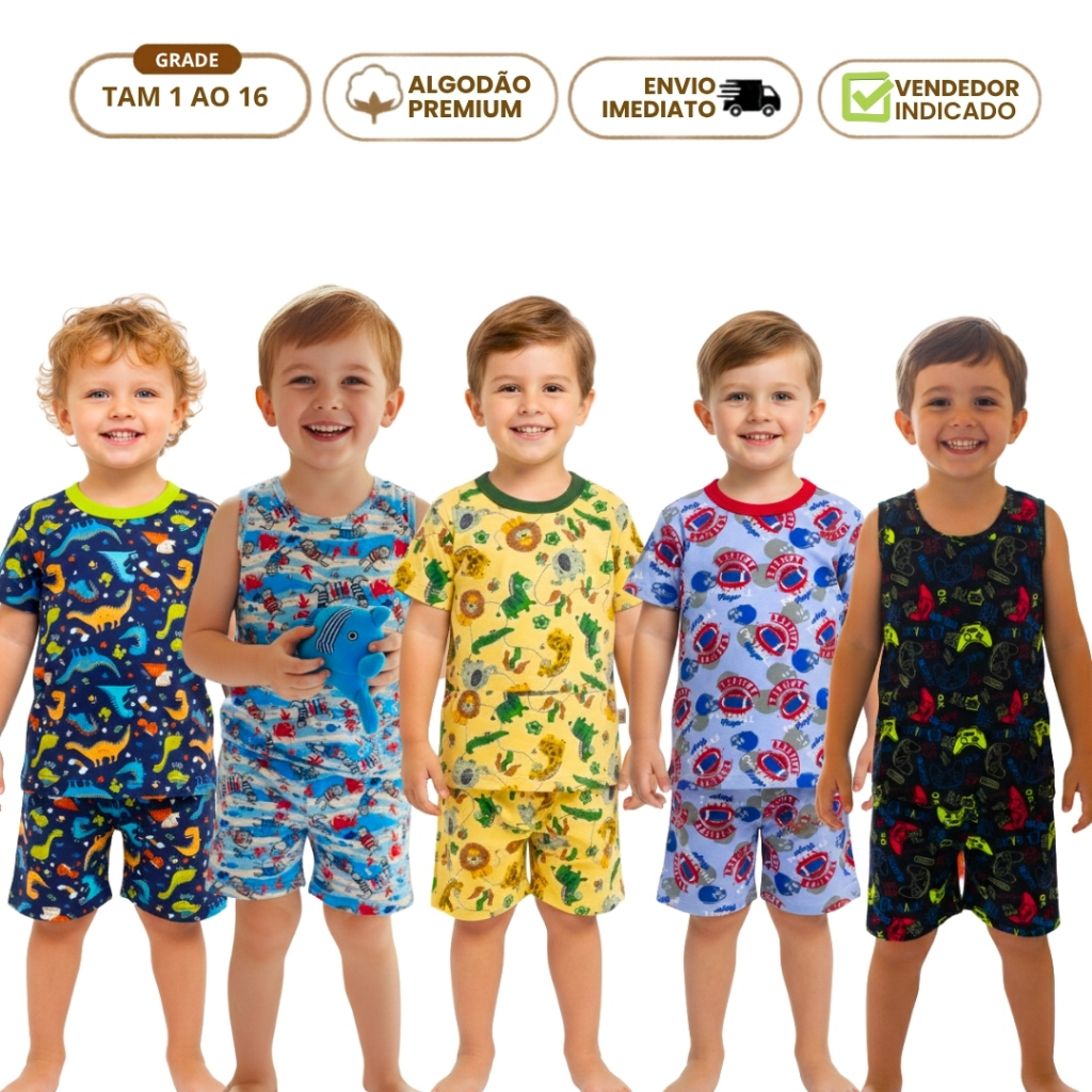 Kit 4 Pijama Menino Verão Camiseta Regata Bermuda Calor 100% Algodão Roupa Infantil Masculina Personagem Dino Gamer