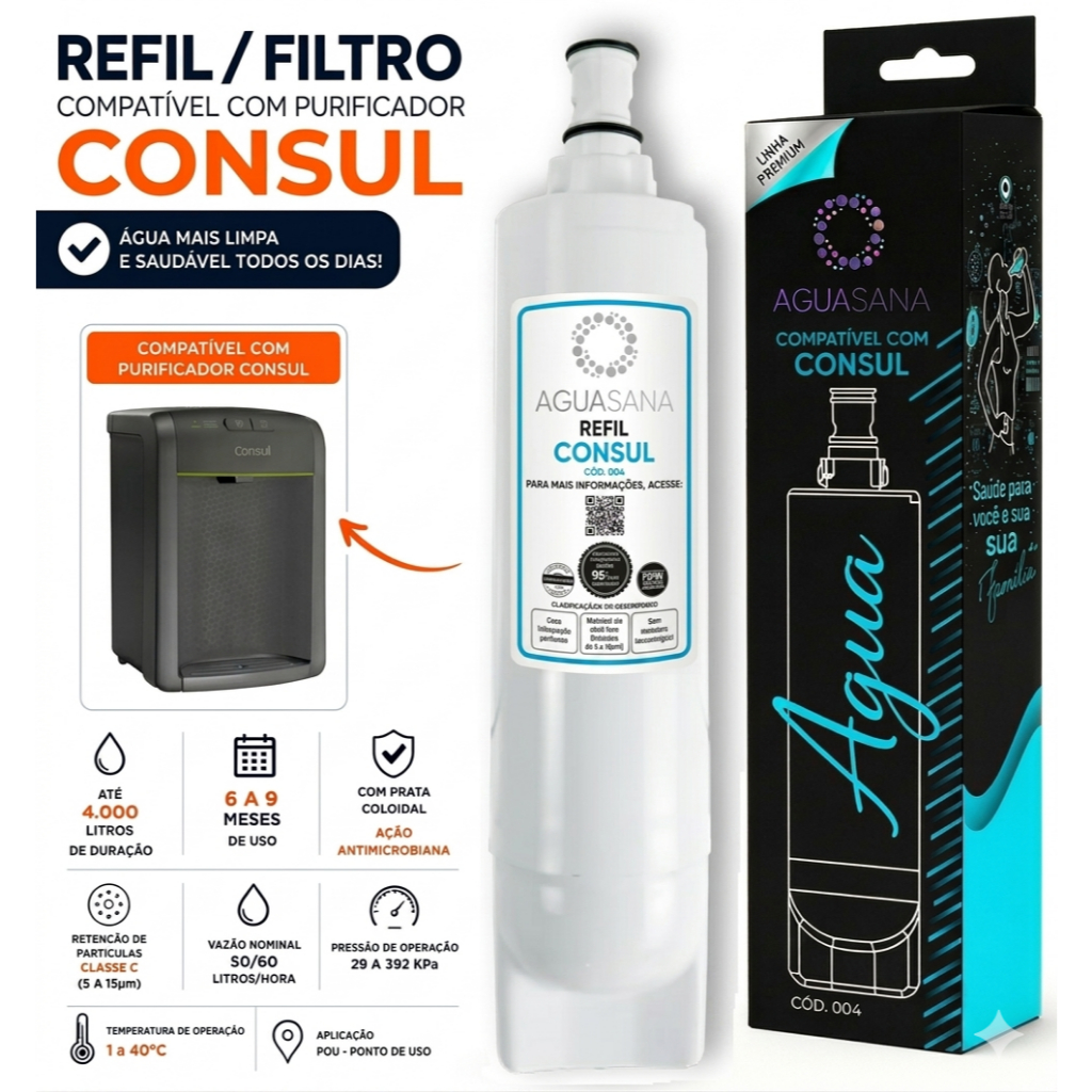Filtro de água para Purificador Consul Facilite CPC30, CPB35, CIX01AX. Refil compatível.