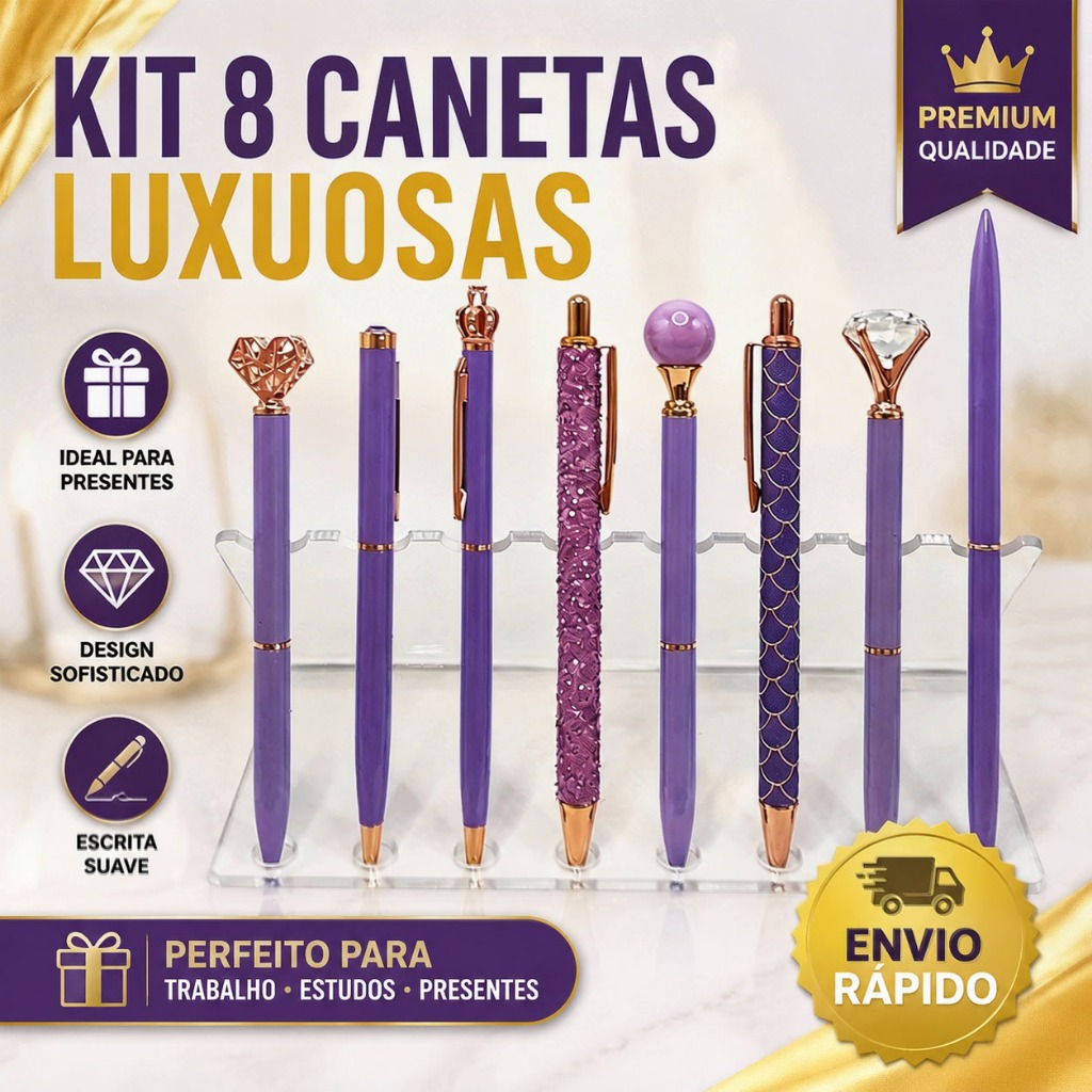 Kit Canetas Esferográficas Luxo 3 a 8 Unidades Diamante Pérola Rose Gold Feminino Presente