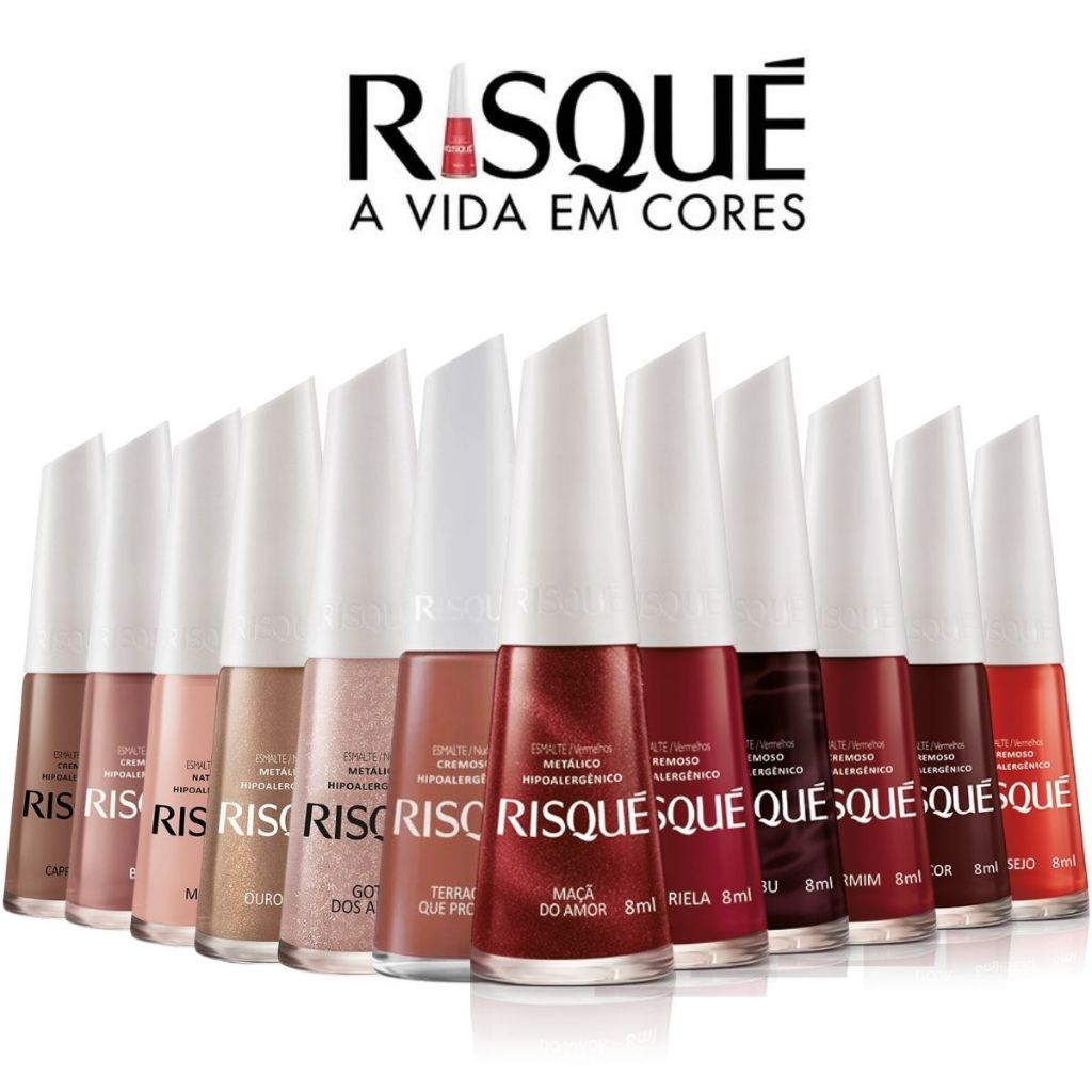 Kit Esmalte Risque Hipoalergenico Cores Nude e Vermelho Manicure Pedicure Atacado