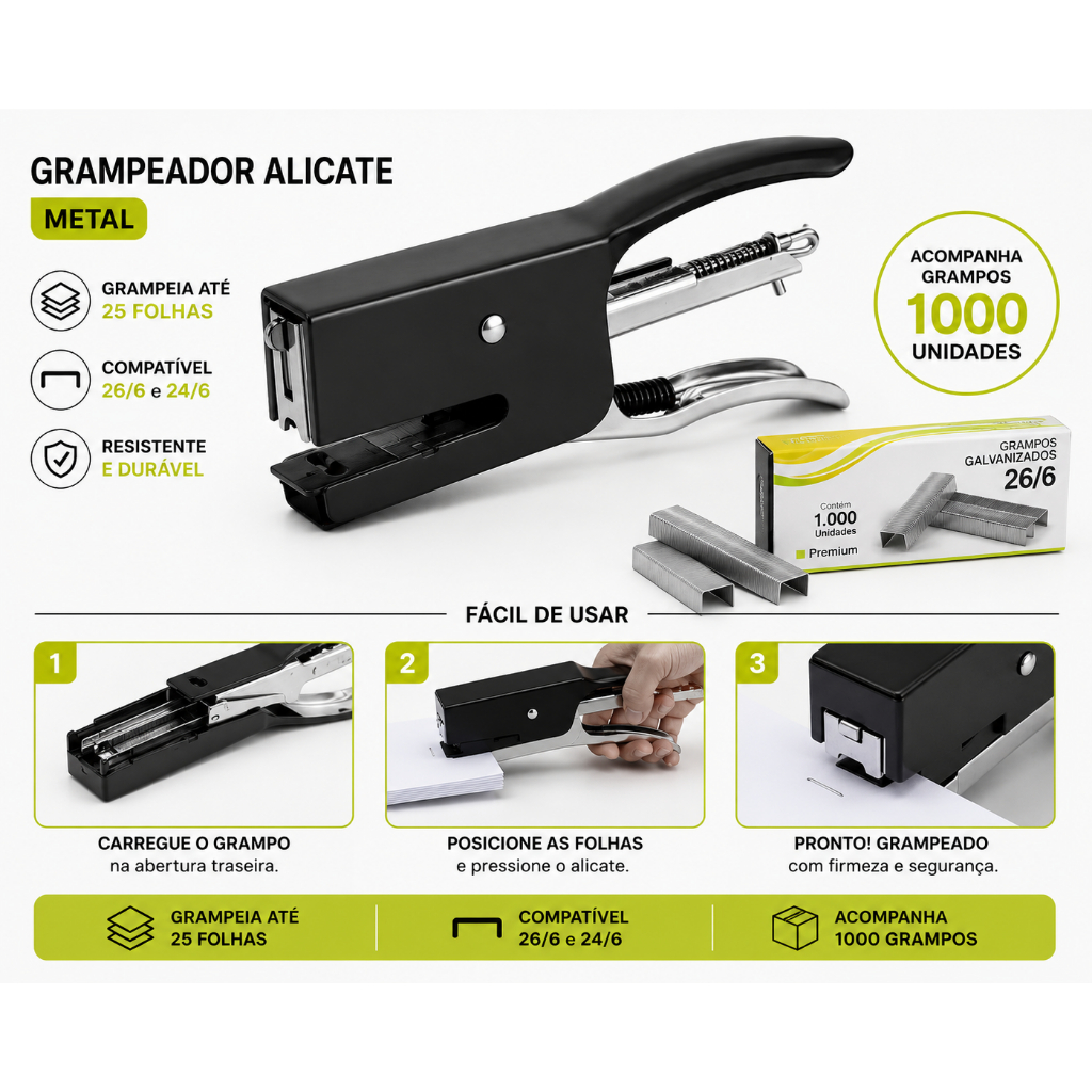 Kenux Grampeador De Mão Alicate Metal 25 Folhas Papel 26/6 - 24/6 + Grampo (1000 Unidades)