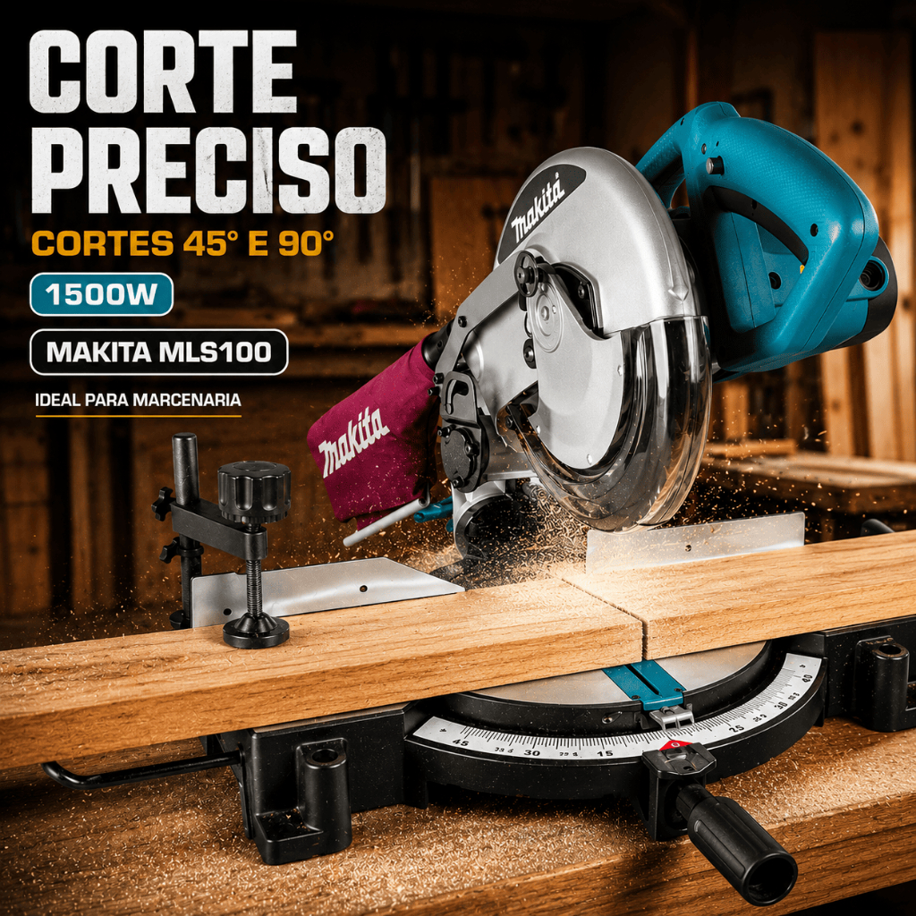 Serra de Esquadria Makita MLS100 1500W Corte 45 e 90 Graus Madeira Marcenaria Carpintaria 127V 220V