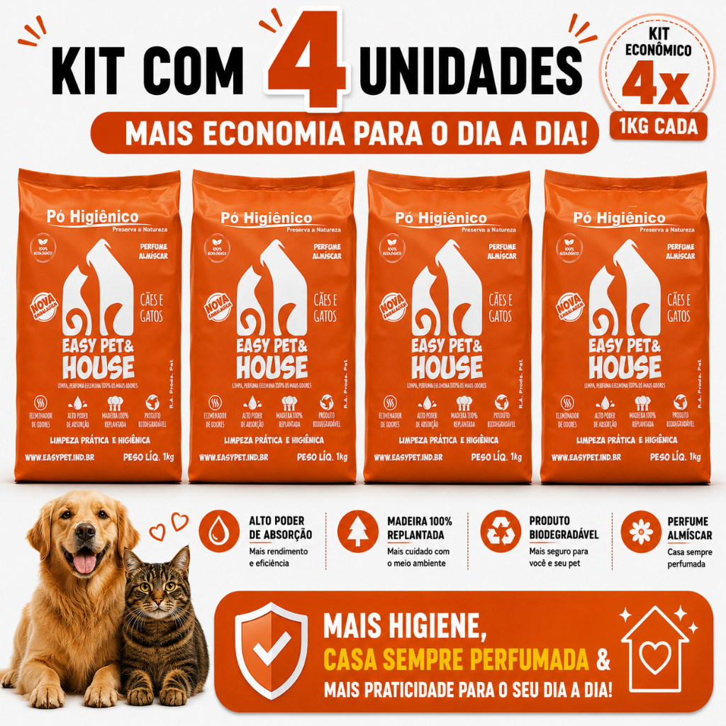 Pó Higiênico Pet Easy Pet & House Almíscar 4 Unidades | Alta Absorção | Anti Odor | Cães e Gatos