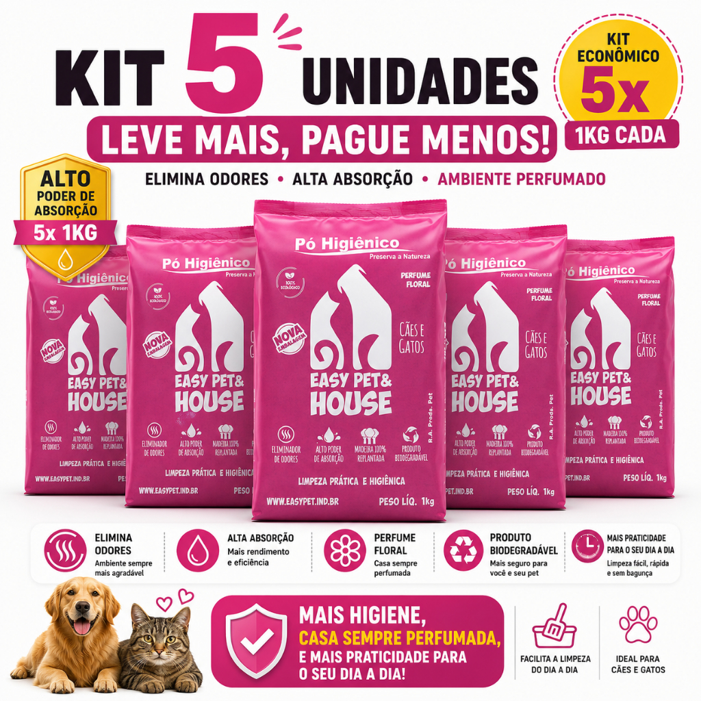 Pó Higiênico Pet Easy Pet & House Floral 5 Unidades | Alta Absorção | Anti Odor | Cães e Gatos