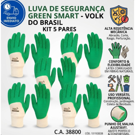 Kit 5 Pares Luva Green Volk CA 38800 Látex Corrugado Construção Civil Obra Atacado Barato Resistente