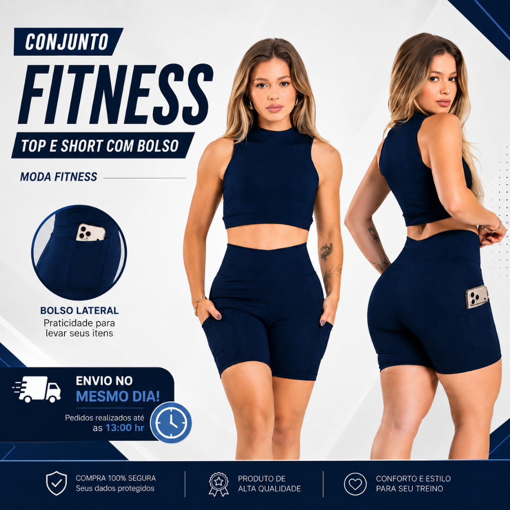 Conjunto Feminino Academia Top Regata e Short com Bolso Celular Moda fitness