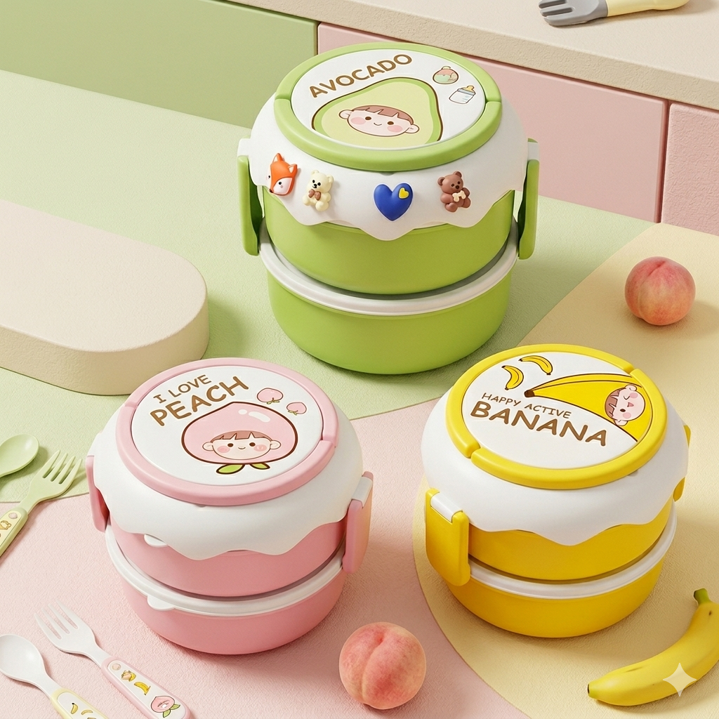 Marmita Dupla Infantil Cute Food + 2 Talheres | Praticidade e Fofura para o Dia a Dia