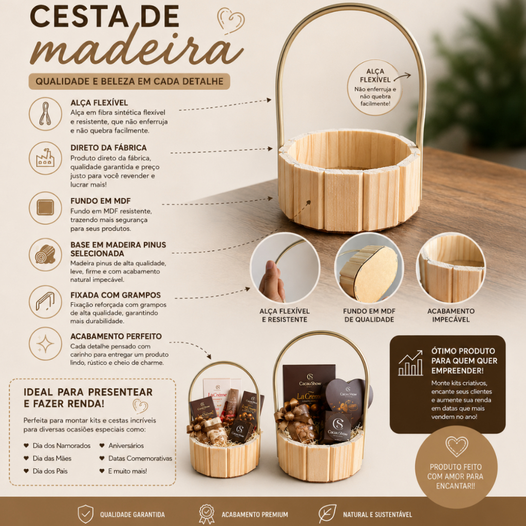 Kit 5 Cestas Fraldeira Oval 15cm Madeira Pinus com Alça para Kits, Presentes e Decoração