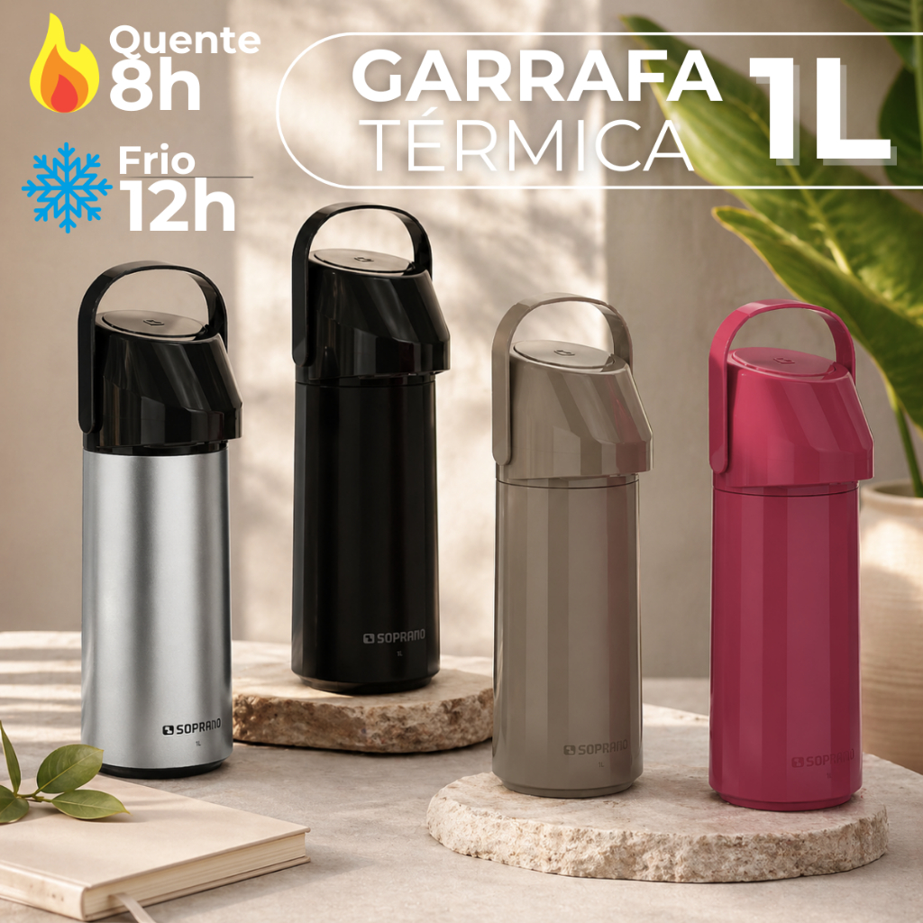 Garrafa Térmica Café Bomba De Pressão Soprano Rubi Inox Vermelha Preta Fendi 1L Não Pinga