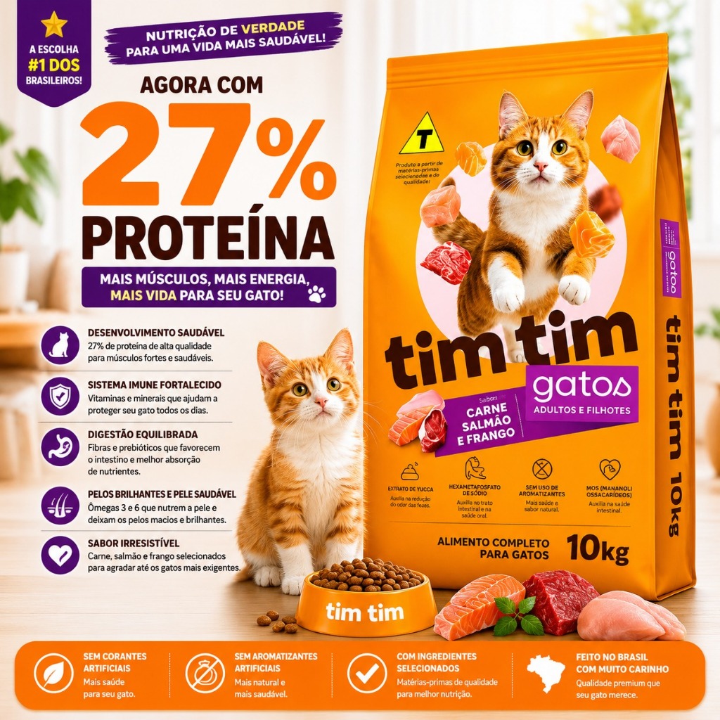 Ração Para Gatos Filhotes e Adultos 10kg Tim Tim Cat Carne Salmão Frango 27% Proteína