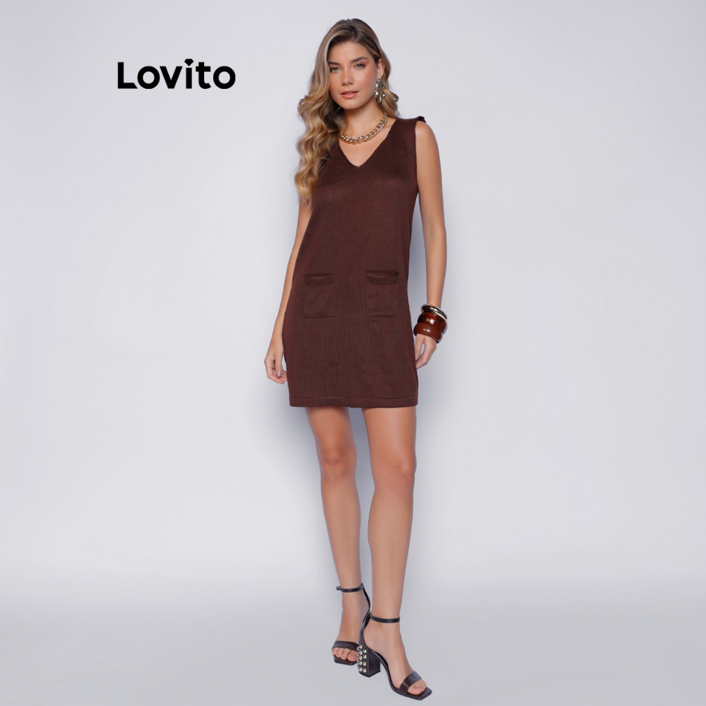 Lovito Vestido Curto Feminino de Tricô Com Decote V DRB809BRL839 · foto 2