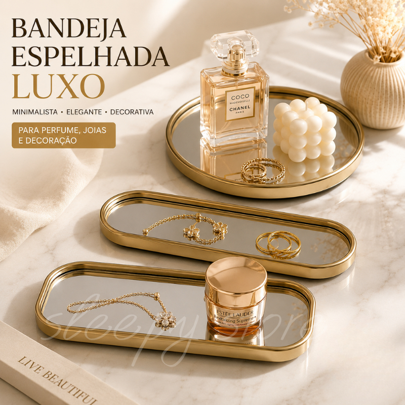 Bandeja Espelhada Decorativa Luxo Dourada Minimalista para Perfume Joias e Decoração