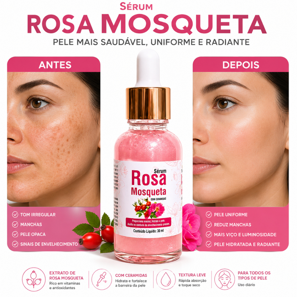 Sérum Rosa Mosqueta Clareador e Uniformiza a Pele Reduz Manchas e Auxilia no Rejuvenescimento
