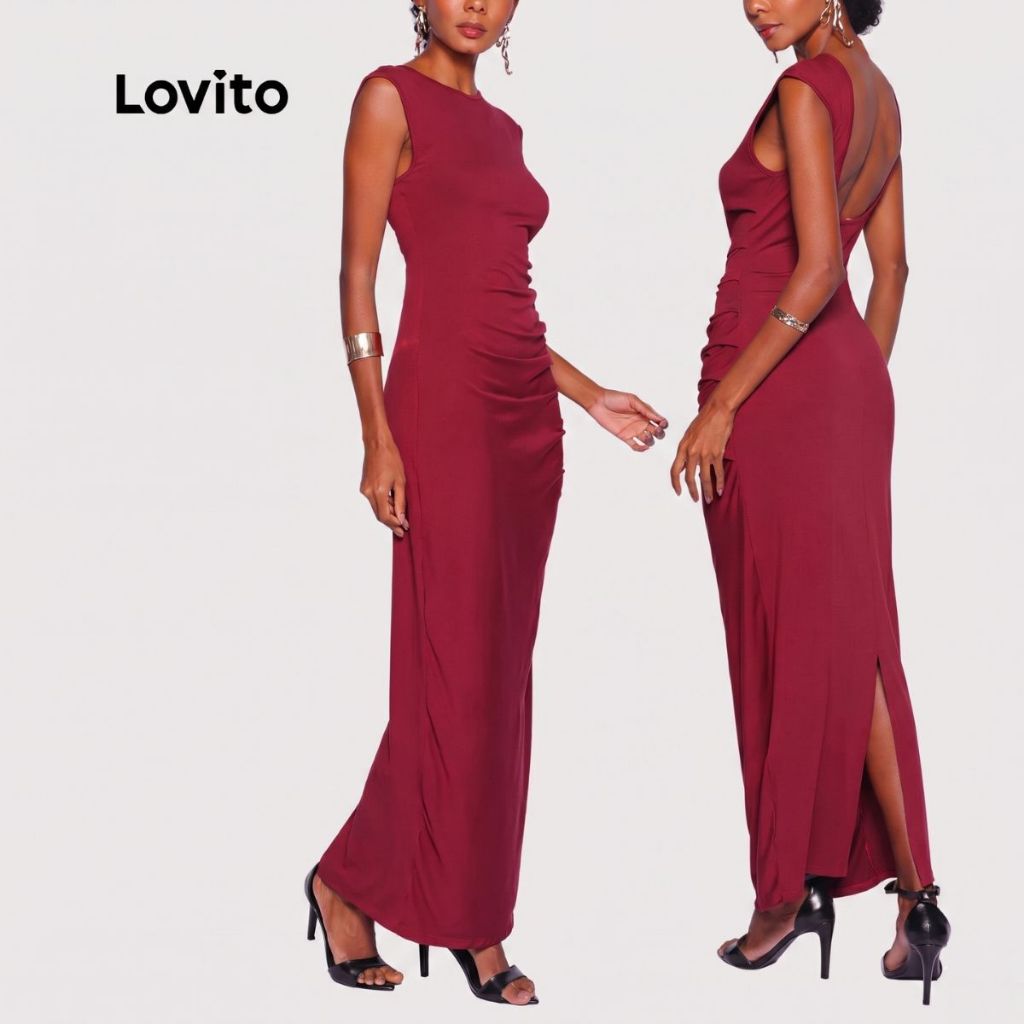 Lovito Vestido Feminino Longo Franzido Lateral DRB552BRL582