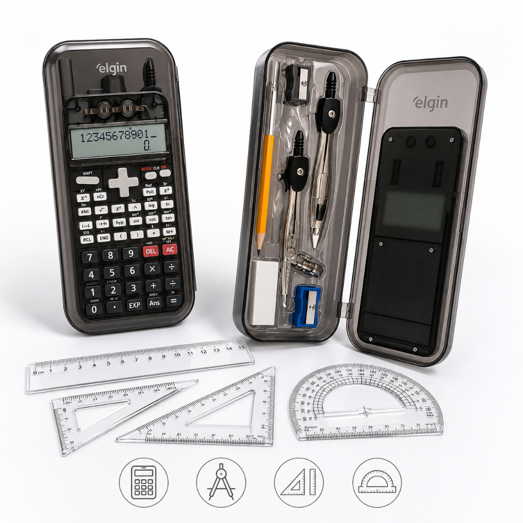 Calculadora cientifica 240 funções + Kit de Geometria c/ 10 Peças  Régua Transferidora compasso.