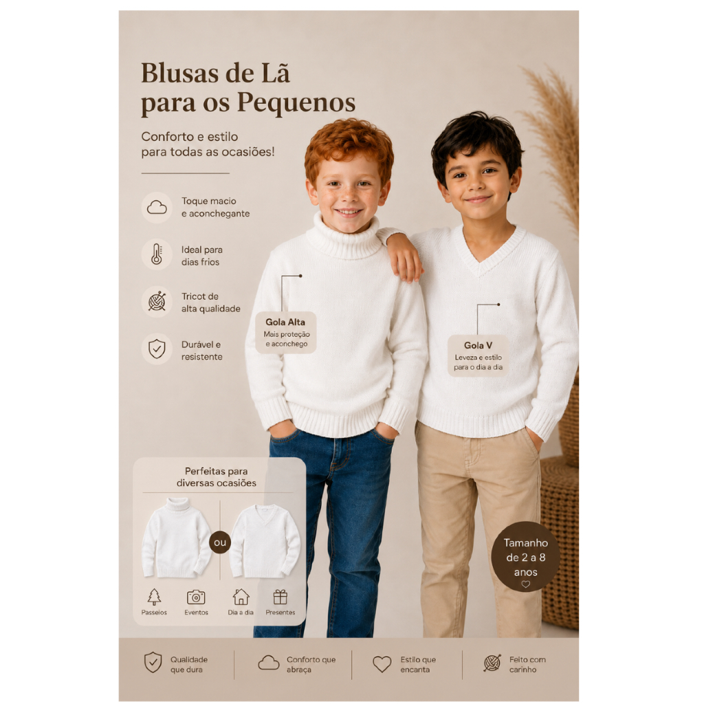 Blusa de lã menino infantil gola alta ou gola V masculino suéter cacharrel lançamento inverno frio