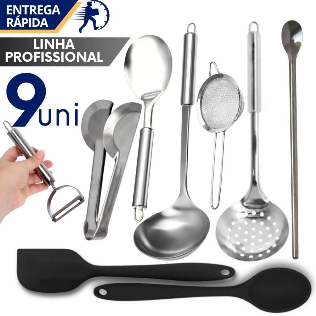 Utensilios de Cozinha Essenciais Dia a Dia Básico Colher Concha Inox e Silicone