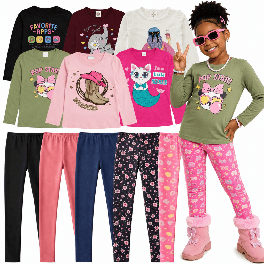 Kit 2 Conjunto Meia Estação Infantil Menina | Camiseta Manga Longa + Legging Infantil | Roupa de Frio Menina | Sortidas