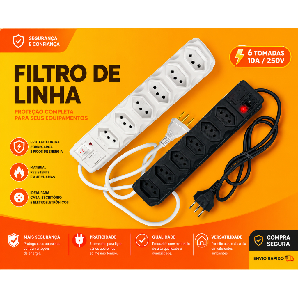 Filtro de Linha Branco e Preto 3, 4, 5 e 6 Tomadas Extensão Elétrica Régua Elétrica
