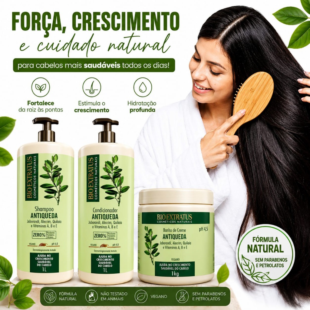 Kit BioExtratus Antiqueda e Crescimento Máscara 1kg + Shampoo 1L + Condicionador 1L Cabelos Fortes