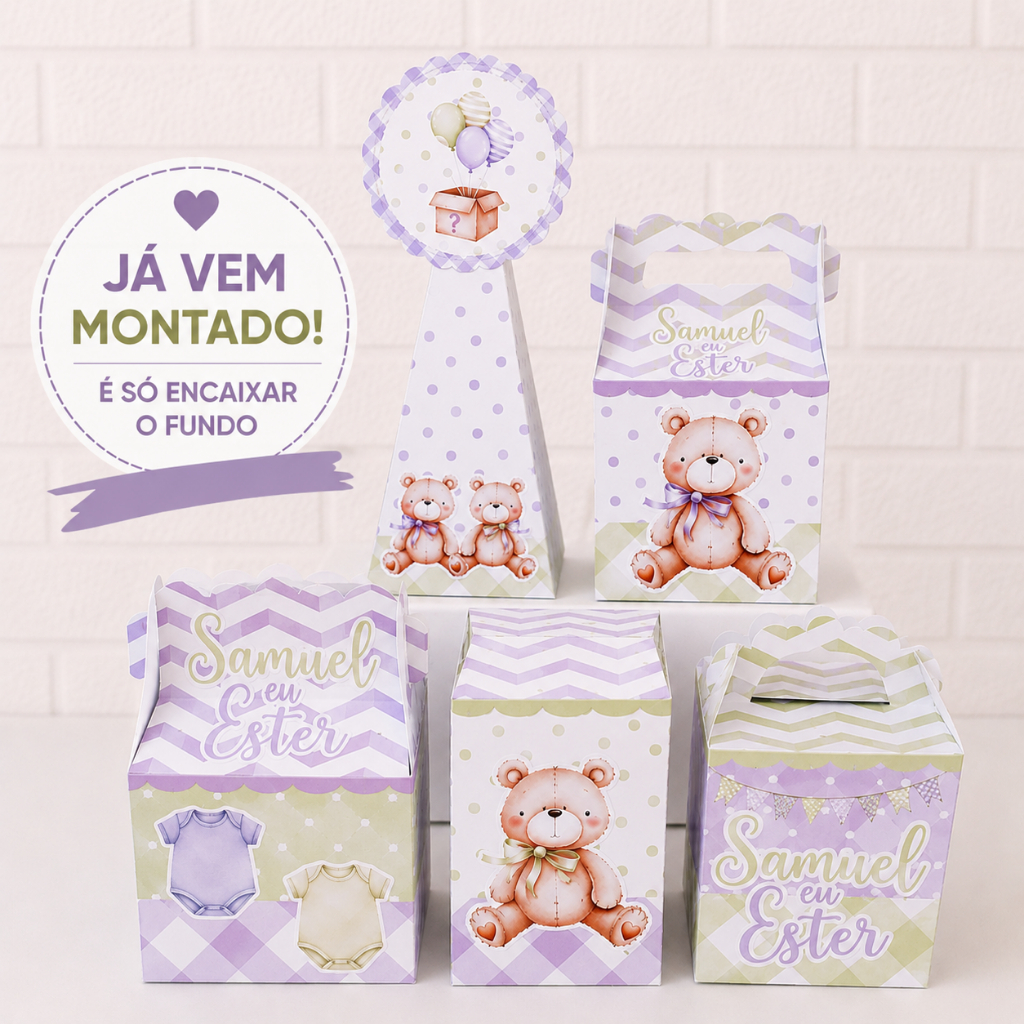 Kit Personalizado Chá Revelação Verde e Lilás / Já Montado / lembrancinhas / mimo chá de bebe