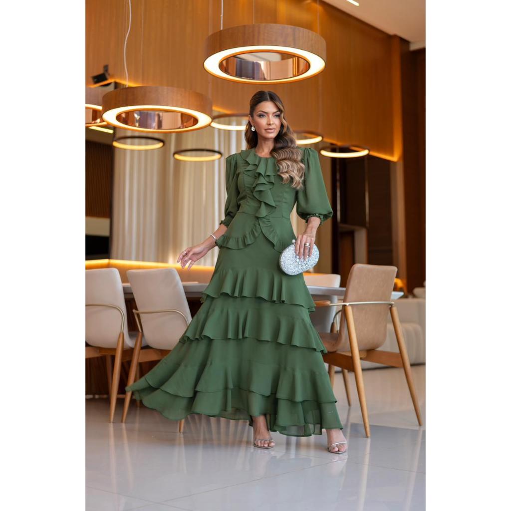 Vestido Paola Max Midi Elegante em Musseline Toque Seda com Babados e Lastex nas Costas
