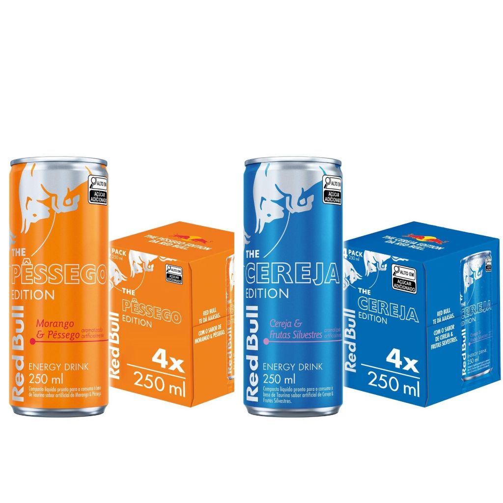 Kit 8 Latas Energético Red Bull , 4 Latas Cereja e 4 Latas Pêssego 250ml