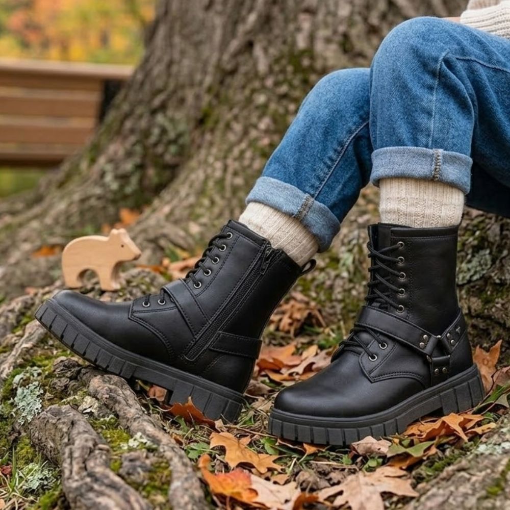 Bota Coturno Infantil Feminina Biker Tratorada Tiras Rock Zíper Menina Fashion