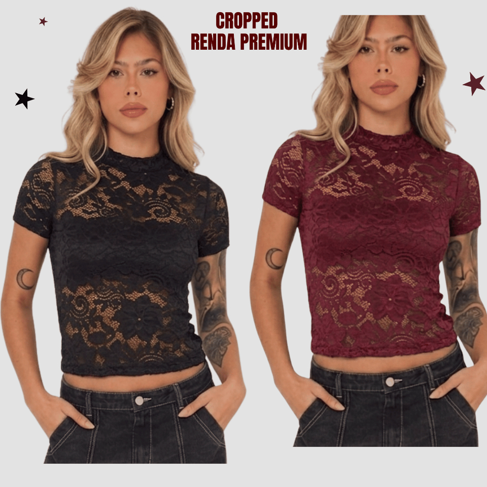 Blusa Cropped de Renda Premium Manga Curta Transparente Preto e Marsala Tule Segunda Pele Vinho Bordô