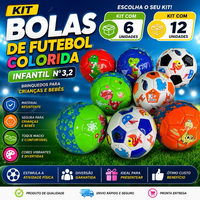 ⚽ Kit 6 ou12 Bolas de Futebol Infantil Coloridas N° 3,2 – Diversão Garantida Para Crianças e Bebês 🦖🌈
