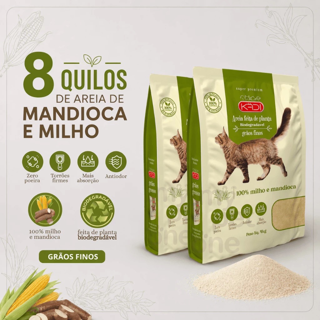 KIT 2 Areias para Gatos Grãos Finos Kadi 8 kg Biodegradável s/odores Neutra Natural Mandioca e Milho