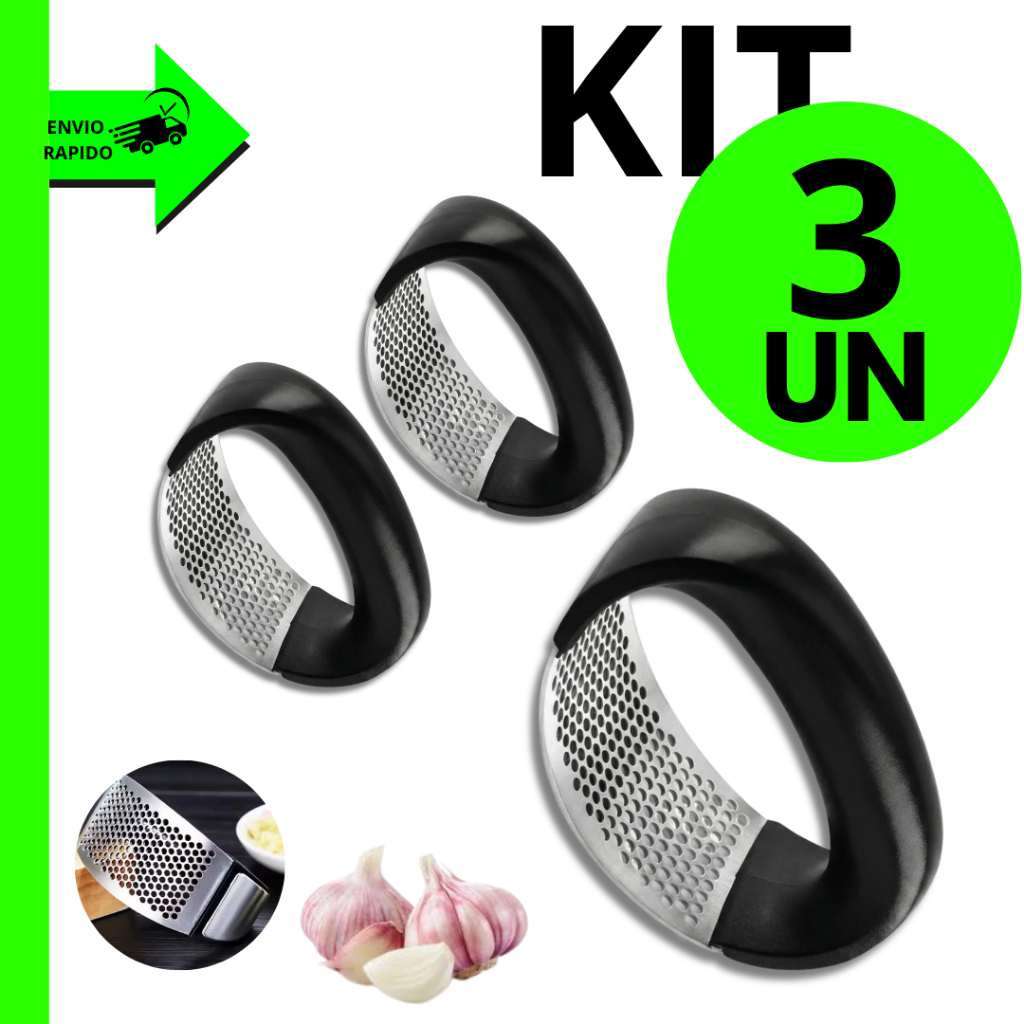 Kit 3/2/1 Amassador Triturador de Alho Manual Aço Inox Casa Cozinha Restaurante Prático Fácil Usar