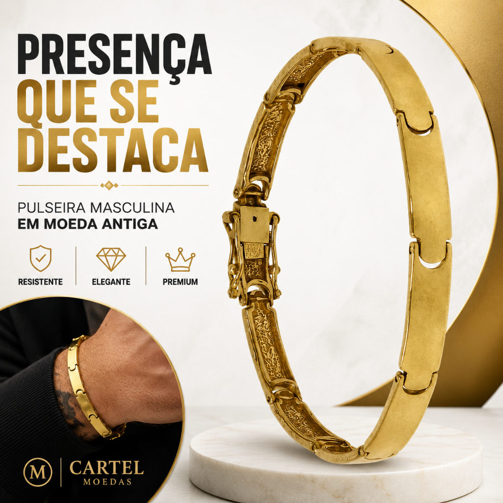 Pulseira Bracelete Masculino Dourada Moeda Antiga Fino Resistente Premium 21cm 18k Joia Banhado