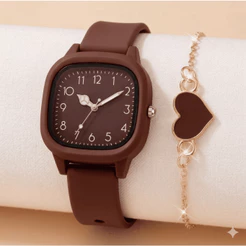 Kit Relógio Feminino Casual Luxo + Pulseira Coração Silicone Caqui Marrom