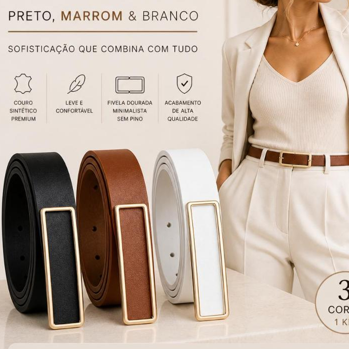 KIT 3 Cinto Feminino Fino 1.5cm Fivela Retangular Dourada moda elegante cintura ajustável Social casual Minimalista l