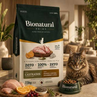 Ração Bionatural Prime Super Premium Gatos Castrados 7.5kg Frango Envio Imediato