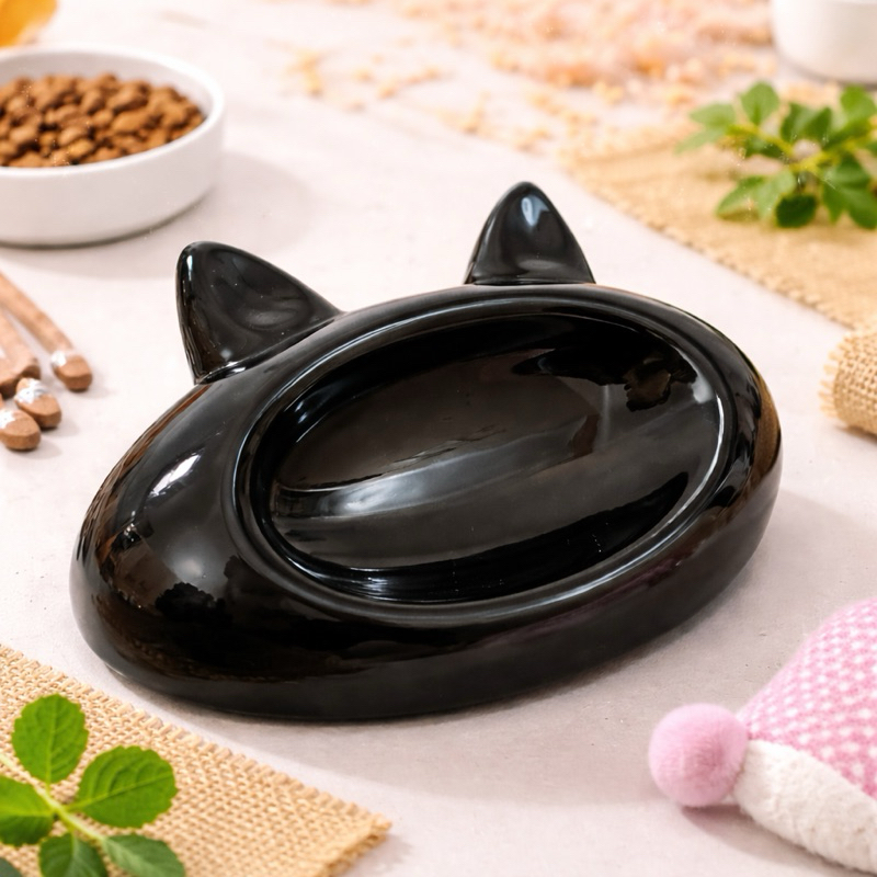 Comedouro Pet Gato Cerâmica 150ml Tigela Luxo Antiformiga para Ração e Água Bowl Premium Gatinho Preto Orelha Cat