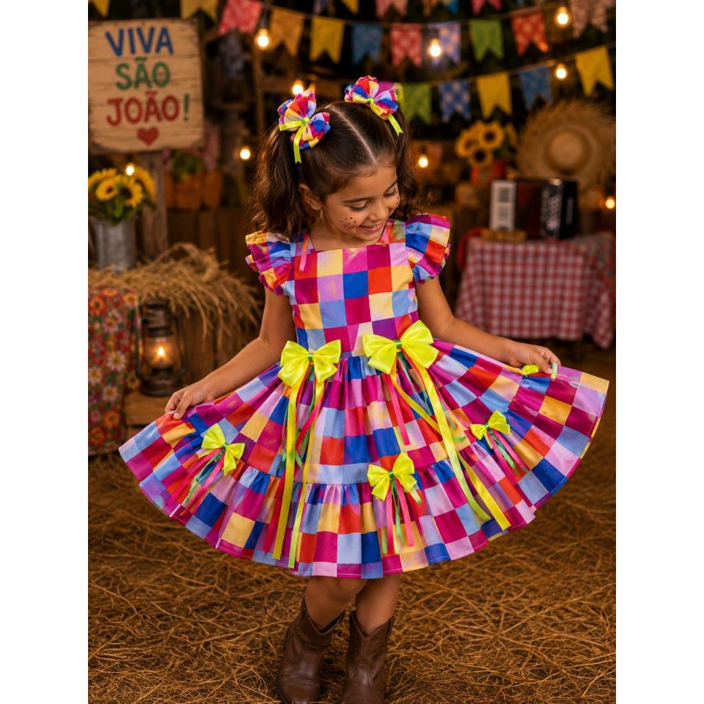 Vestido Festa Junina Infantil Xadrez Com Laços Rodado 2 ao 10 - PB
