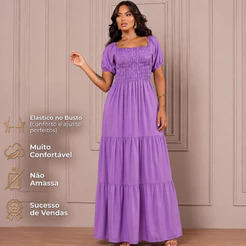 Vestido Longo Feminino Duna Lastex no Busto Manga Bufante Elegante Confortável Moda Evangélica