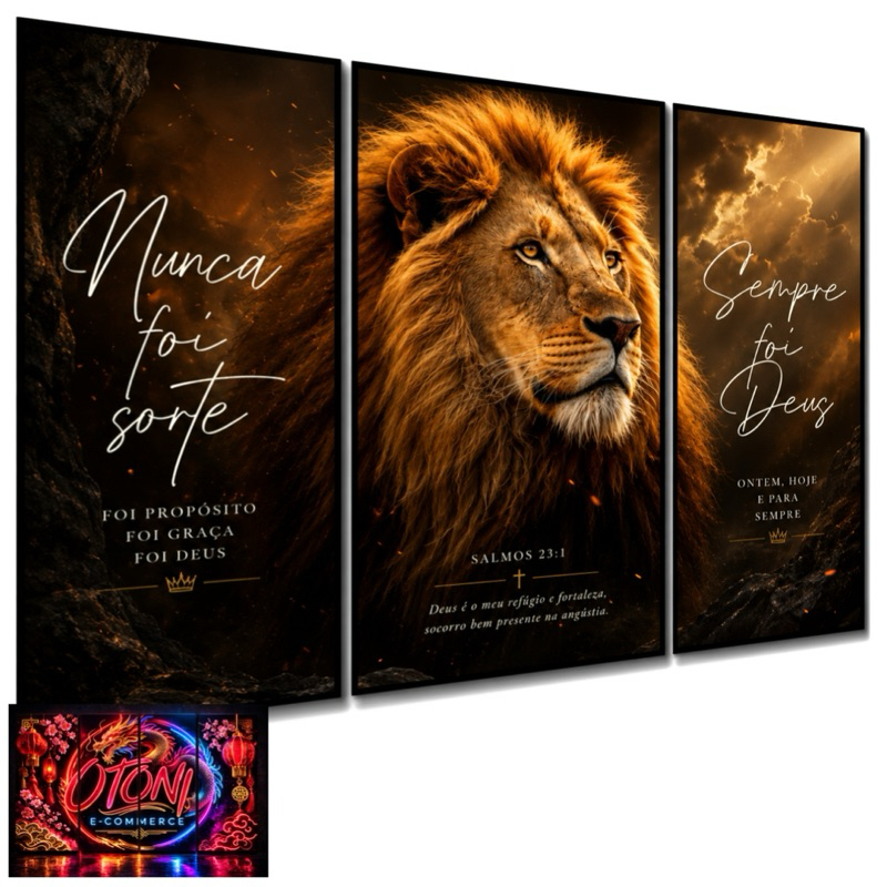 Quadro Decorativo Grande Leão Religioso Frase Nunca Foi Sorte Sempre Foi Deus 3 Peças 122x60