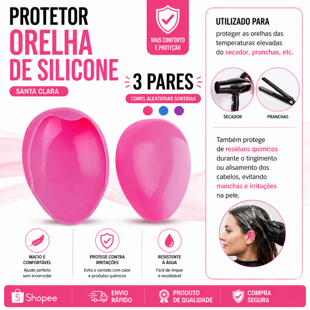3 Pares De Protetor De Orelha De Cabeleireira De Silicone Flexível Da Santa Clara