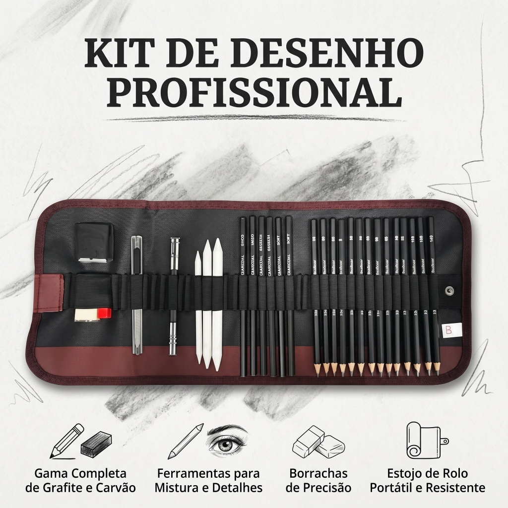 Kit 28 Peças Lápis Grafite Carvão Apagável Desenho Profissional Material Arte S751