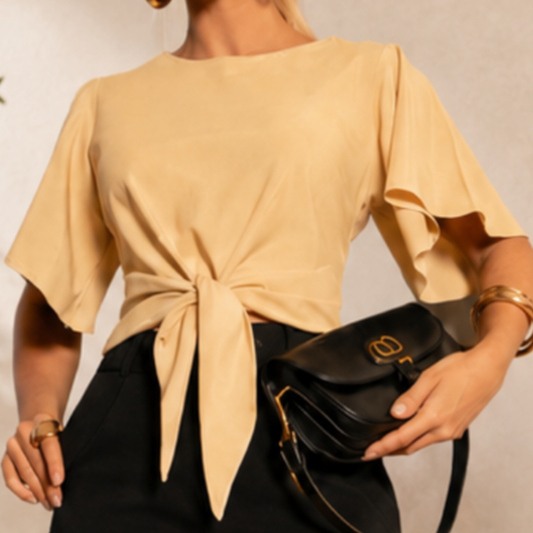 Blusa Feminina Amarração Frontal Manga Flare Sedinha Premium Elegante Confortável e Versátil
