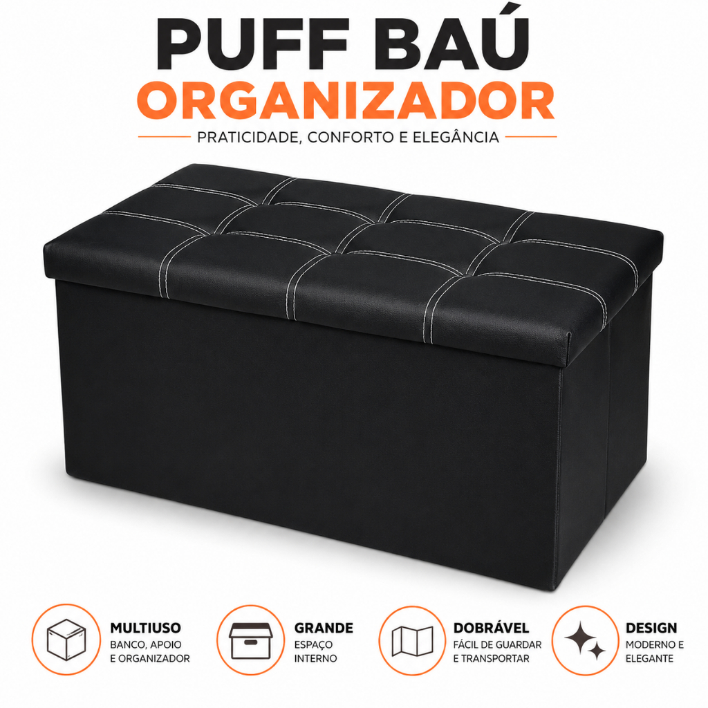 Pufe Baú Estofado Preto Puff Assento Revestido Organizador Brinquedos Sala Quarto Decoração Preto