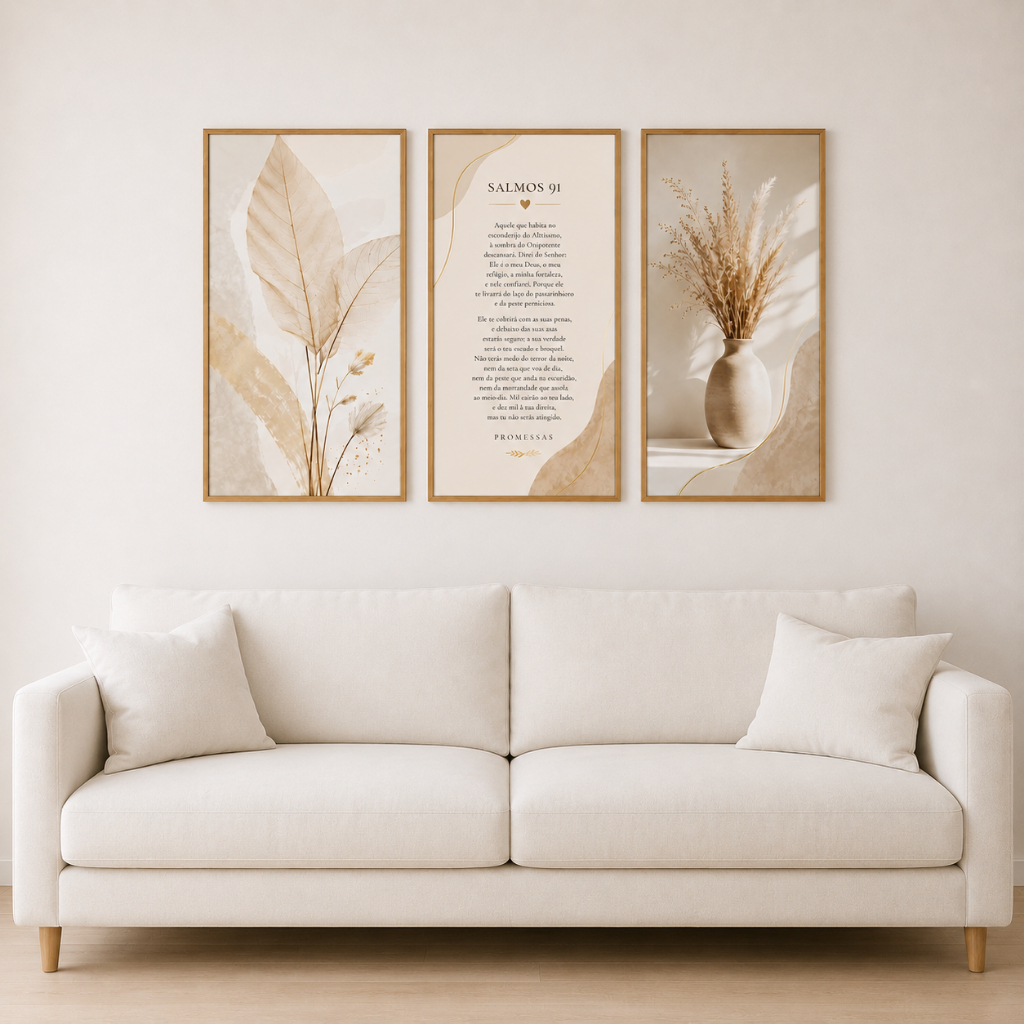 Kit 3 Quadros Decorativos Folhas Salmo 91 Religioso Decoração Para Casa Sala Quarto e Escritório