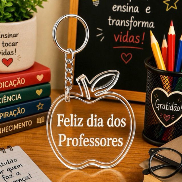 Kit Chaveiro MAÇÃ ACRÍLICO CRISTAL PROFESSOR, para escola, educação, festa, lembrancinha