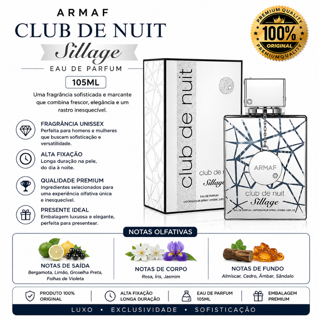 Perfume Arabe Club de Nuit Sillage Unissex EDP 105ml Importado Alta Fixacao