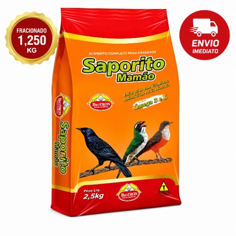 Saporito Mamão Alimento para Pássaros 1,250 kg Biotron | Ração Extrusada com Vitaminas e Ômega 3 e 6