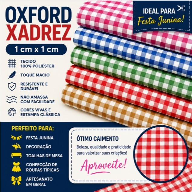 Oxford Xadrez Festa Junina Tecido Fio Tinto 1,50m Alta Qualidade tamanho do xadrez  Tamanho 1 cm x 1cm o Xadrez