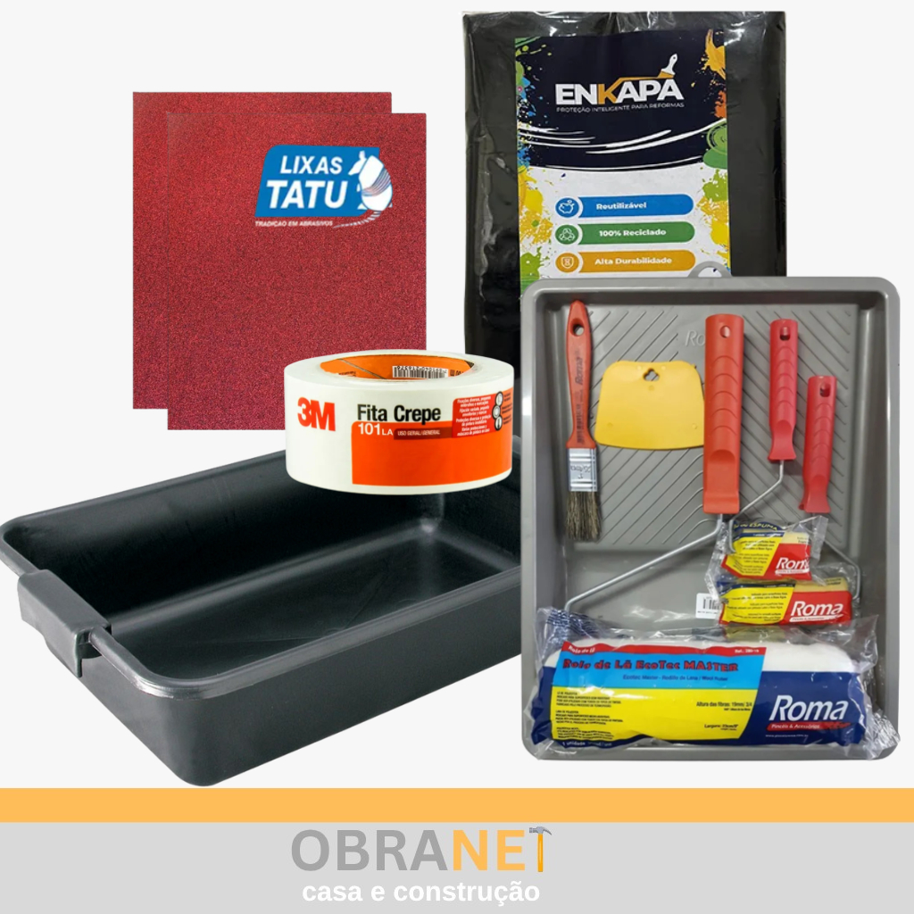 Kit Pintura Premium Completo C/ Lona 4x3 Fita Crepe Lixas Balde 20L Rolos Pincel  Espátula